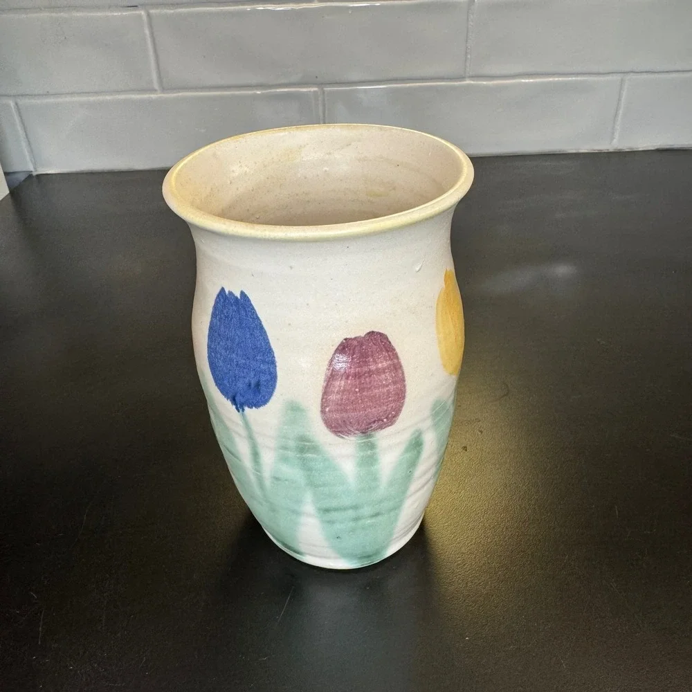 Hartle Pottery Vase Home Decor Small Cream Multi Color Hand Painted Tulips